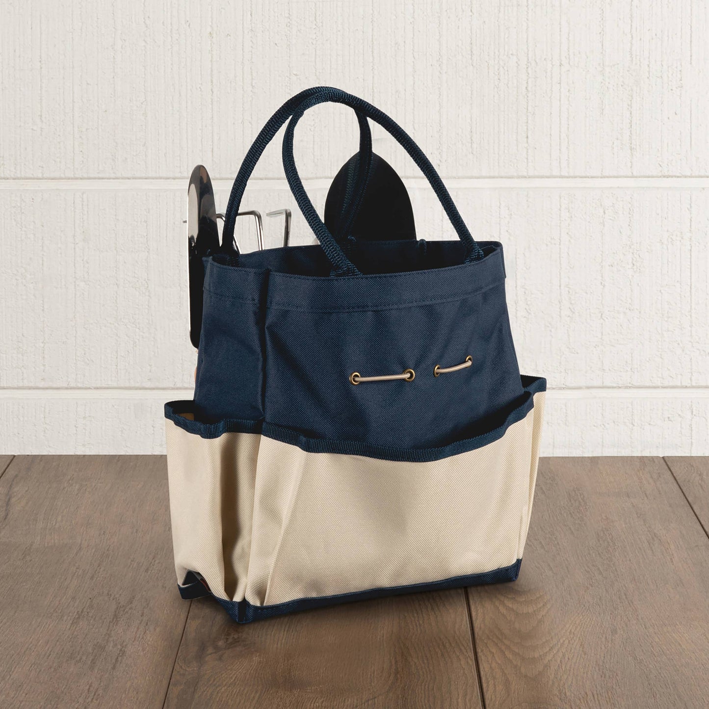 Garden Tote with Tools, (Navy Blue with Beige Accents): Navy Blue with Beige Accents