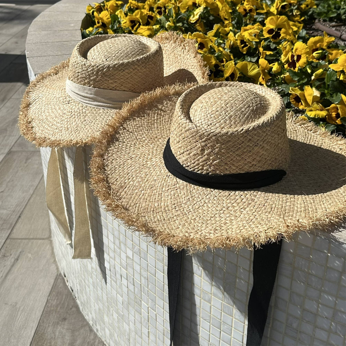 Frayed Edge Straw Rancher Hat with Ribbon Tie: Ivory