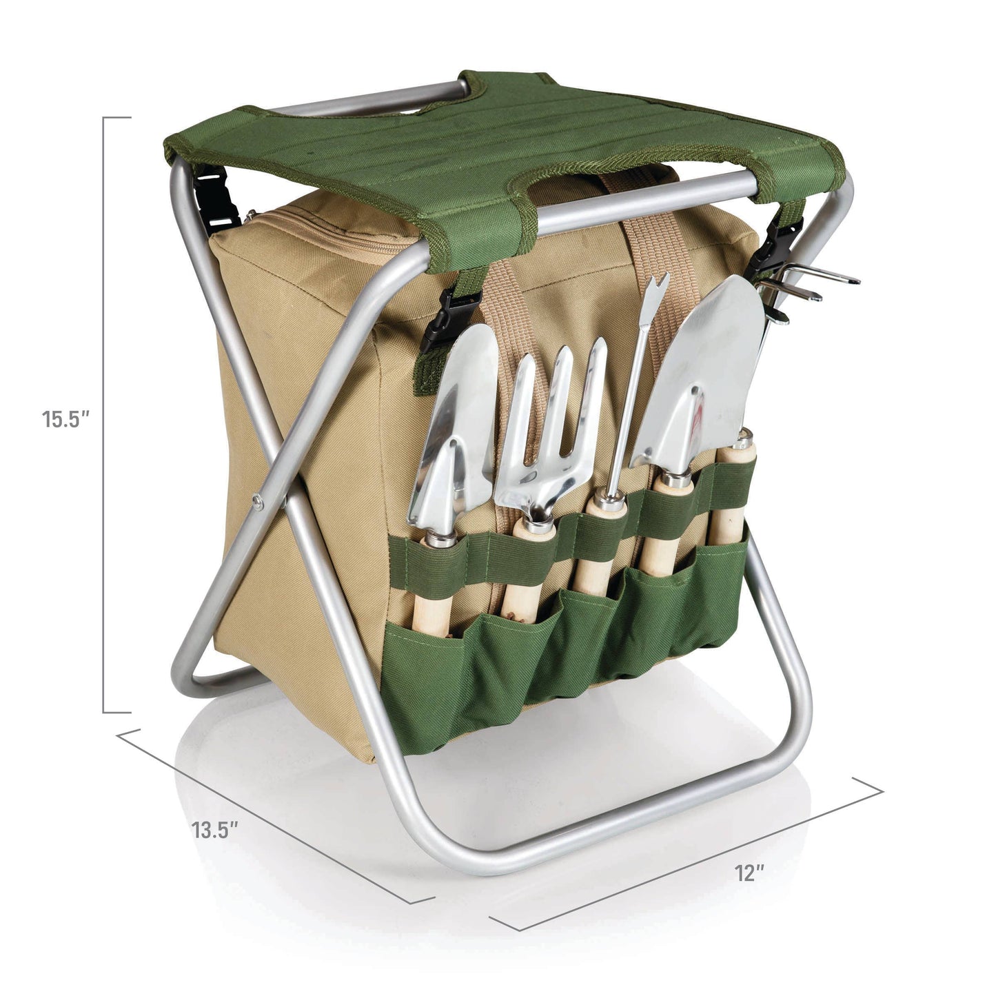 Gardener Folding Seat with Tools: Olive Green with Beige Accents