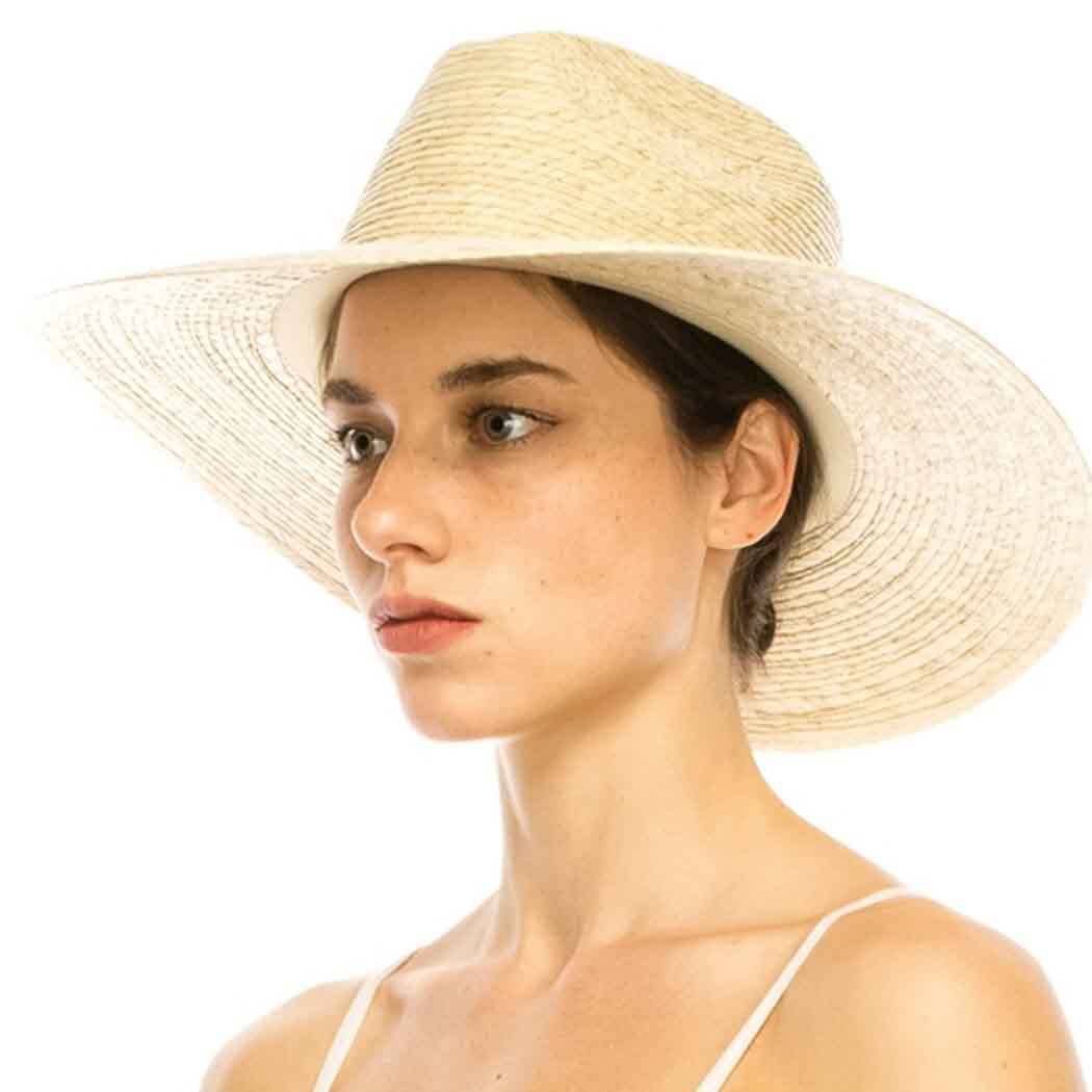 Natural palm leaf safari hat with slight downward sloping br: NATURAL / ONE SIZE