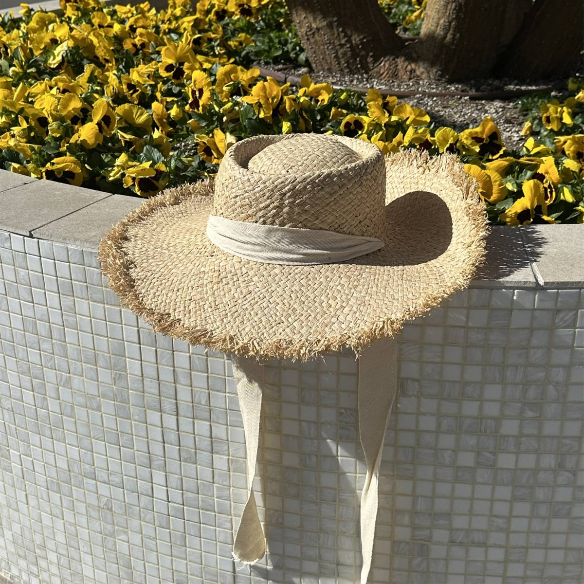 Frayed Edge Straw Rancher Hat with Ribbon Tie: Ivory