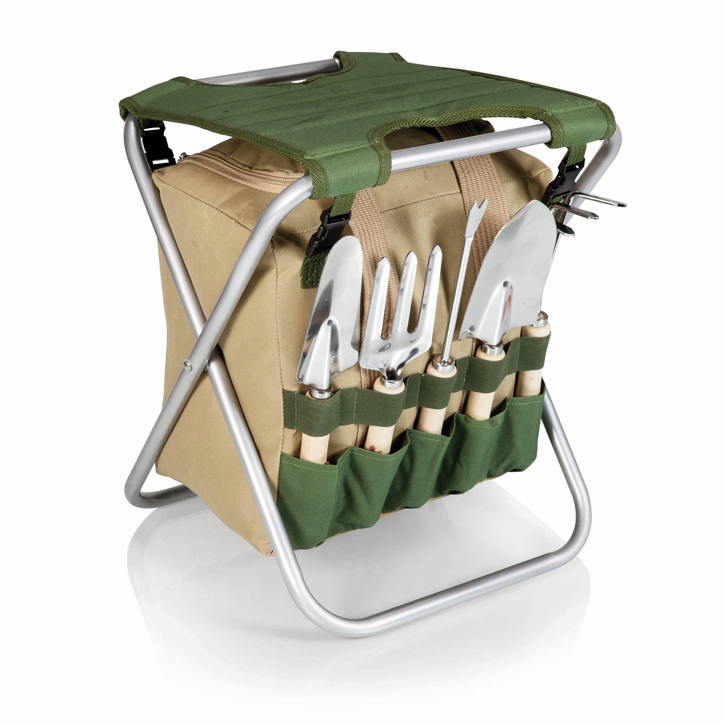 Gardener Folding Seat with Tools: Olive Green with Beige Accents
