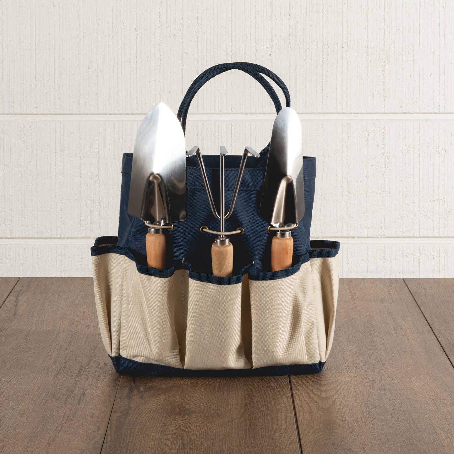Garden Tote with Tools, (Navy Blue with Beige Accents): Navy Blue with Beige Accents