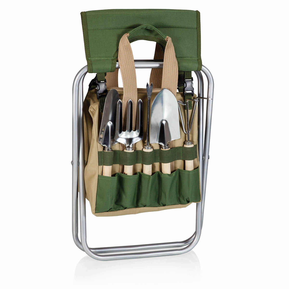 Gardener Folding Seat with Tools: Olive Green with Beige Accents
