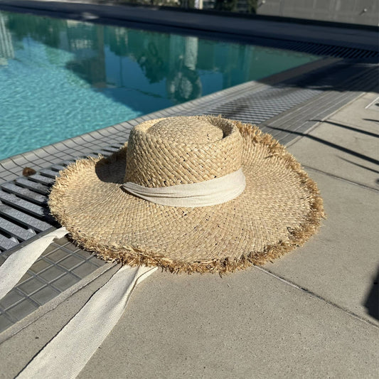 Frayed Edge Straw Rancher Hat with Ribbon Tie: Ivory