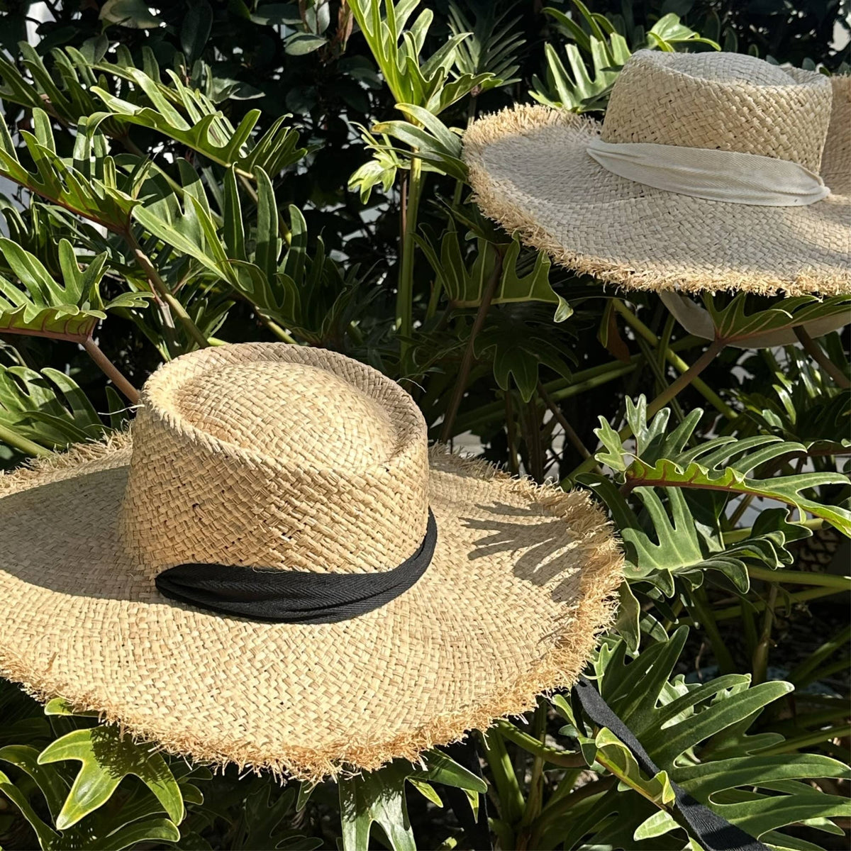 Frayed Edge Straw Rancher Hat with Ribbon Tie: Ivory