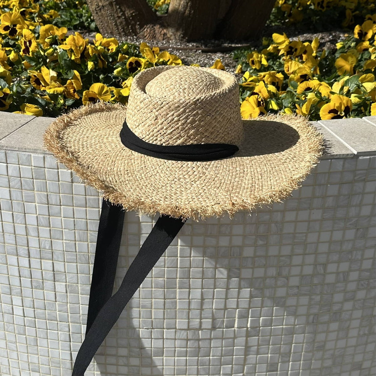 Frayed Edge Straw Rancher Hat with Ribbon Tie: Ivory