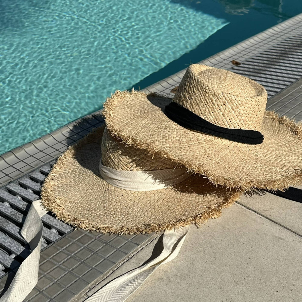 Frayed Edge Straw Rancher Hat with Ribbon Tie: Ivory